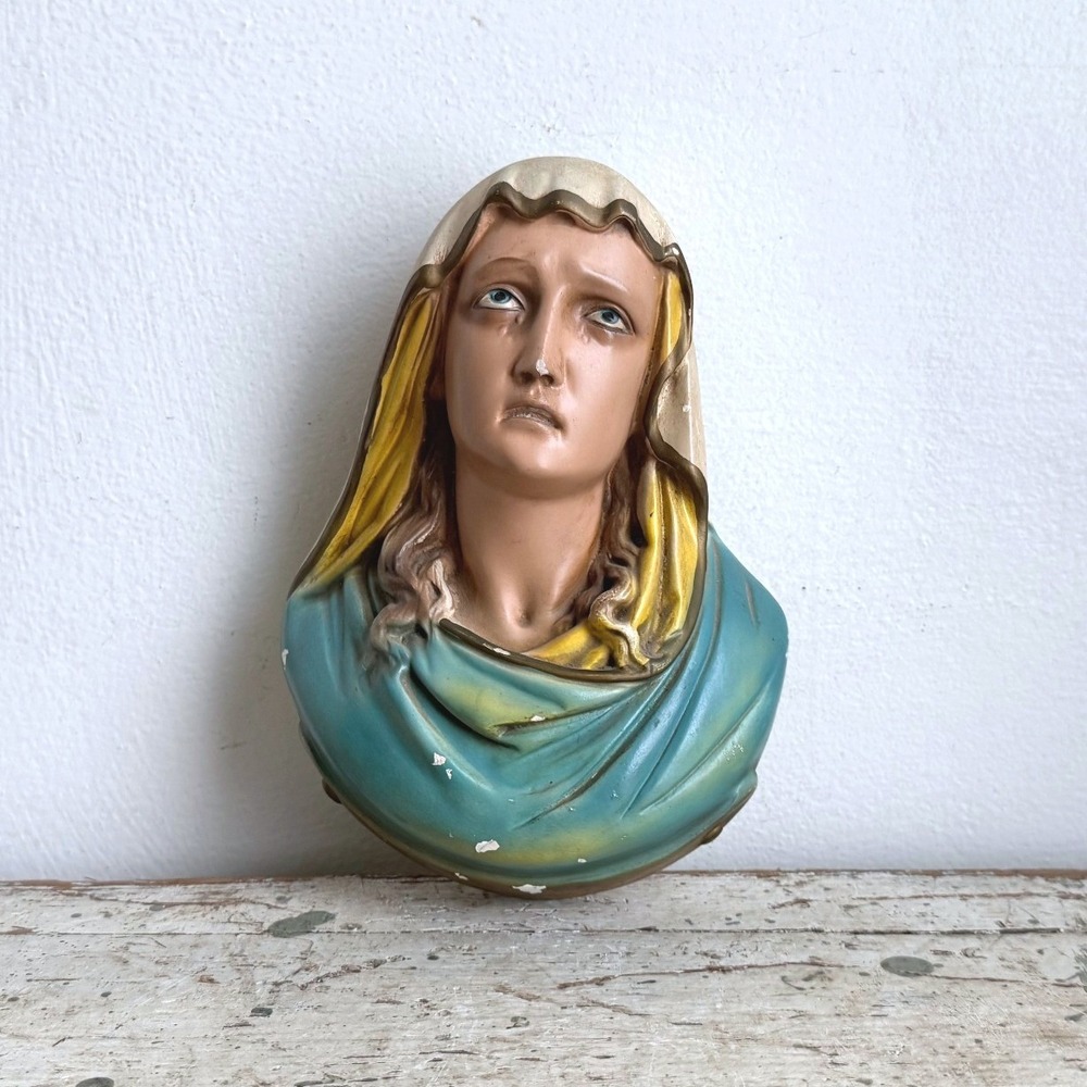 Vintage Plaster Virgin Mary Wall Bust Mater Dolorosa Religious Statue